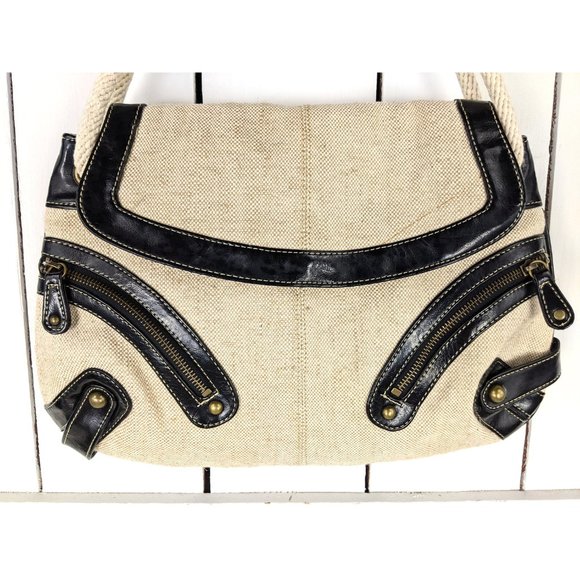 Vintage ivory black twill cotton shoulder rope bag - Picture 4 of 6